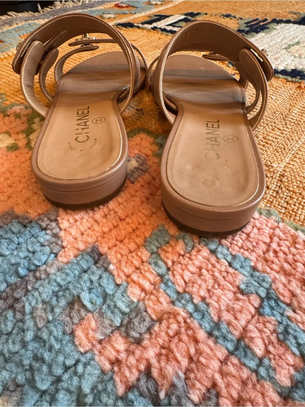 CHANEL Tan Leather Double-Strap Slide Sandals with Gold CC Accents